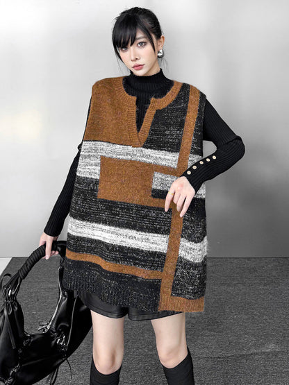 Loose Sleeveless Contrast Color Geometric Split-Joint Striped V-Neck Outerwear Vest Top