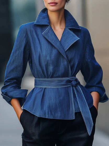 Long Sleeves Loose Solid Color Tied Waist Notched Collar Outerwear