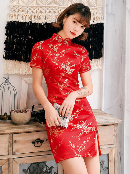 Kurzes Cheongsam mit Stehkragen und Pflaumenblüten-Print 