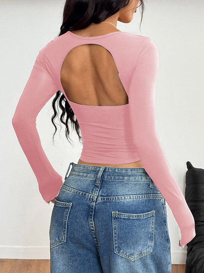 Long Sleeves Skinny Backless Pleated Solid Color Square-Neck T-Shirts Tops