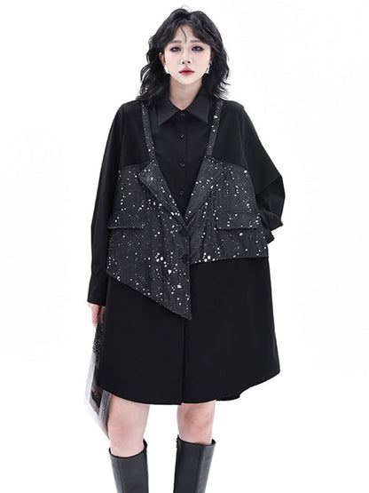 False Two Hipster Asymmetric Split-Joint Textured Lapel Collar Mini Dresses