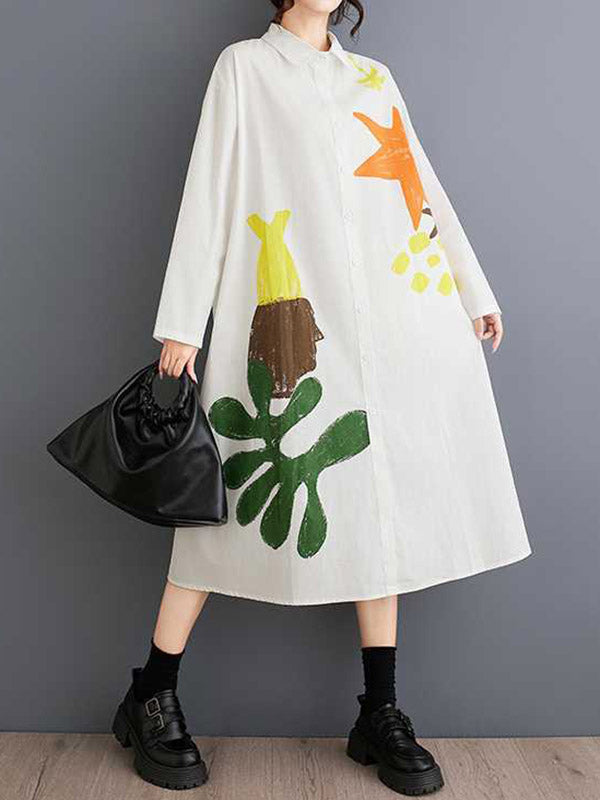 A-Line Long Sleeves Buttoned Pockets Printed Split-Joint Lapel Midi Dresses Shirt Dress