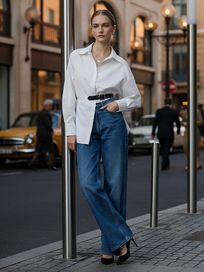 Long Sleeves Loose Belted Buttoned Contrast Color Split-Joint Lapel Blouses&Shirts Tops