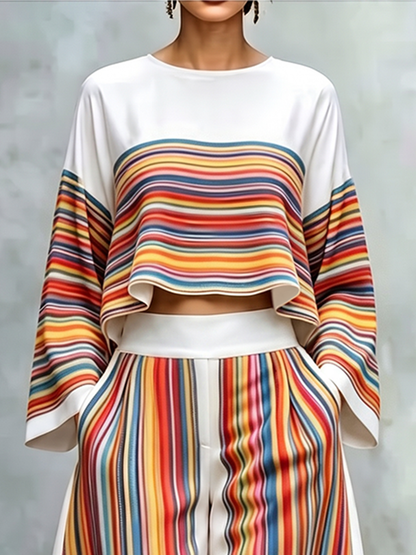 Striped Contrast Color Colorful Long Sleeves Flared Sleeves Round-neck Blouses&shirts Tops