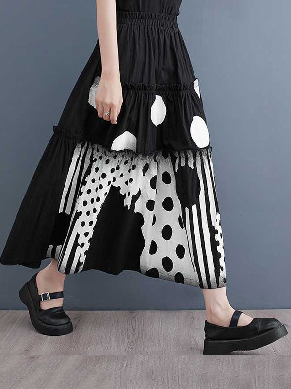 Loose Elasticity Pleated Pockets Polka Dot Printed Ruffled Split-Joint Skirts Bottoms