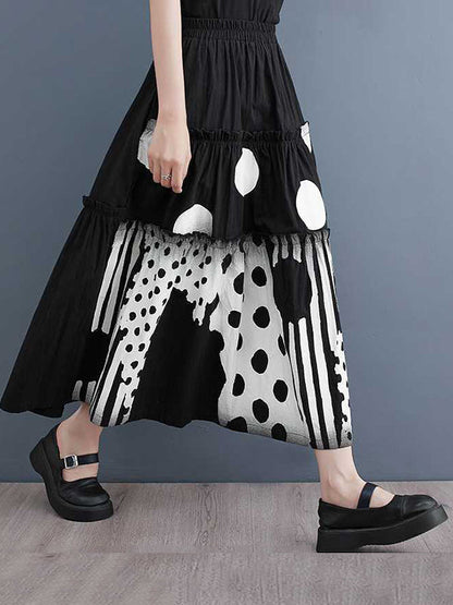 Loose Elasticity Pleated Pockets Polka Dot Printed Ruffled Split-Joint Skirts Bottoms