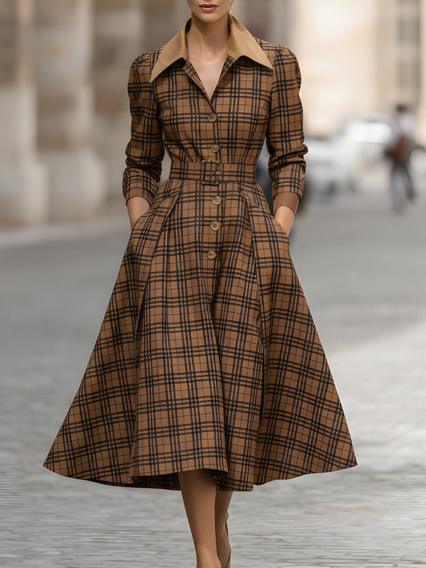 High Waisted Three-Quarter Sleeves Belted Buttoned Plaid Pleated Pockets Lapel Midi Dresses