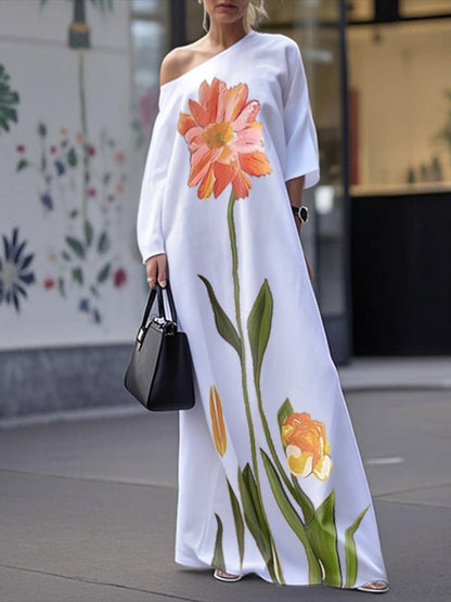 Loose Three-Quarter Sleeves Asymmetric Flower Print Pockets One-Shoulder Maxi Dresses WHITE