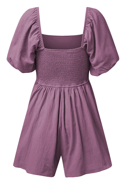 Jungle Green Square Neck Ruched Puff Sleeve Romper