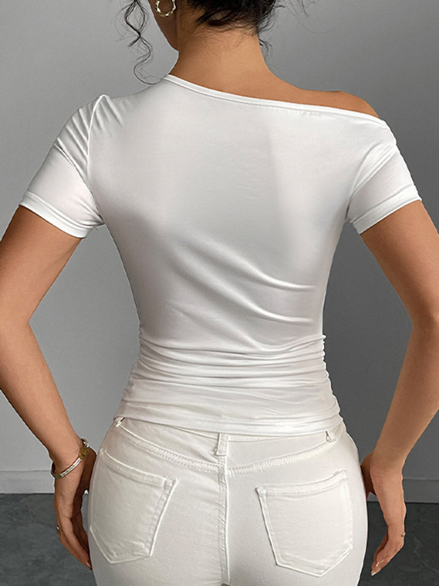 Irregularity Short Sleeves Contrast Color Flower Print Split-Joint One-Shoulder Blouses&Shirts Tops