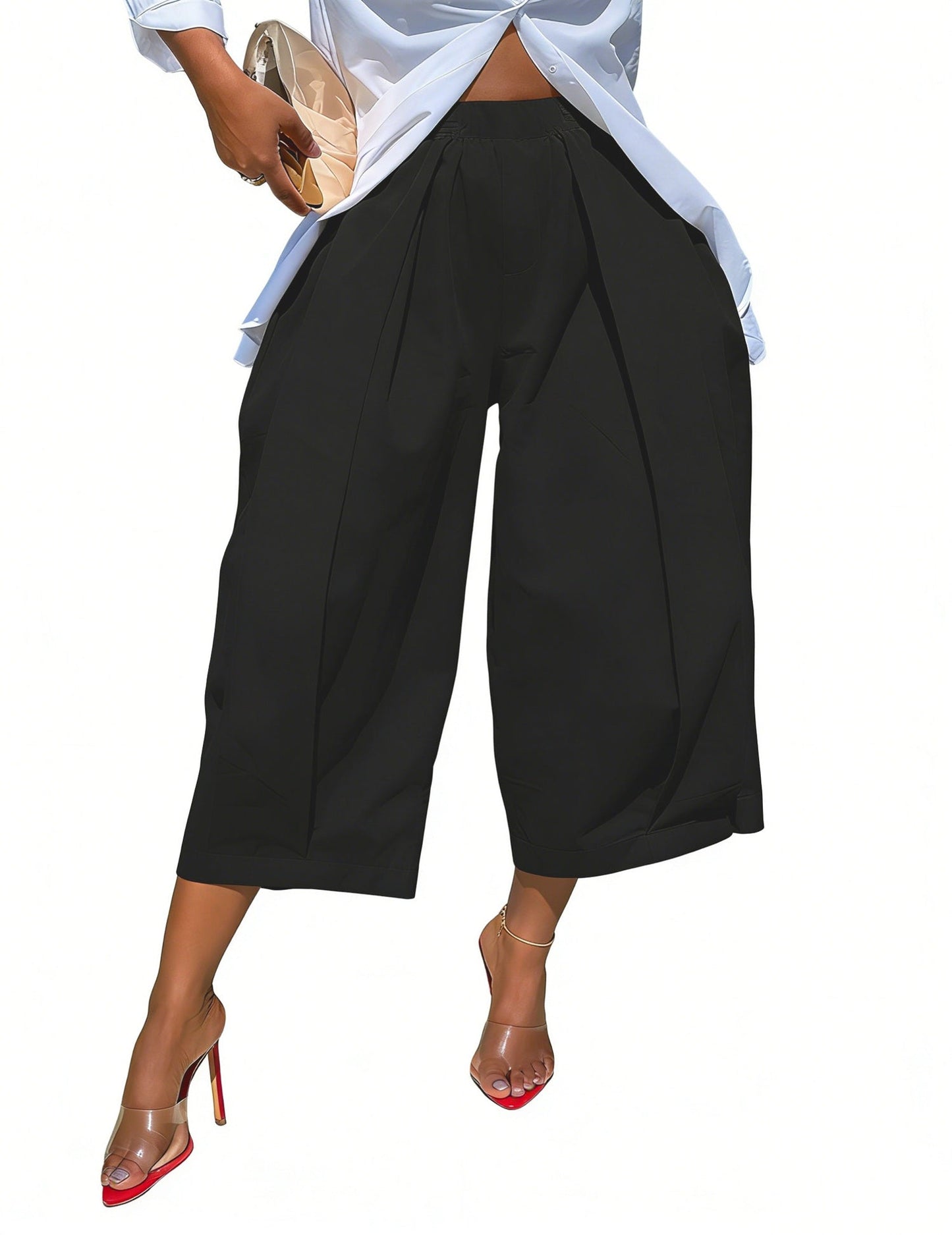 Solid Color Pockets Pleated Wide Leg Loose Pants