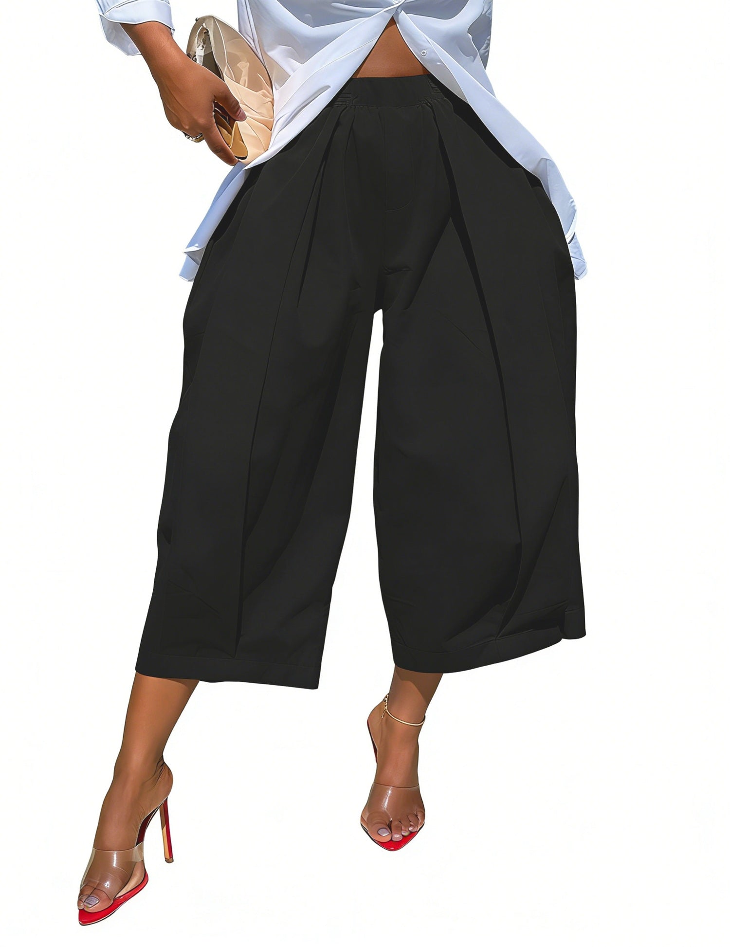 Solid Color Pockets Pleated Wide Leg Loose Pants