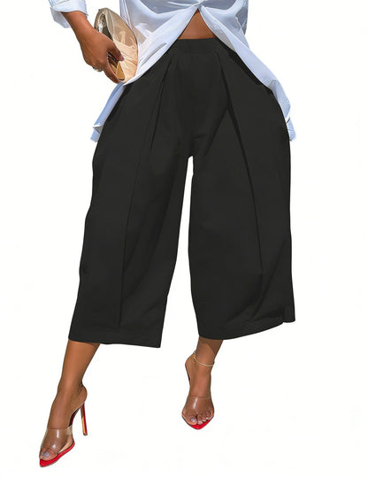 Solid Color Pockets Pleated Wide Leg Loose Pants