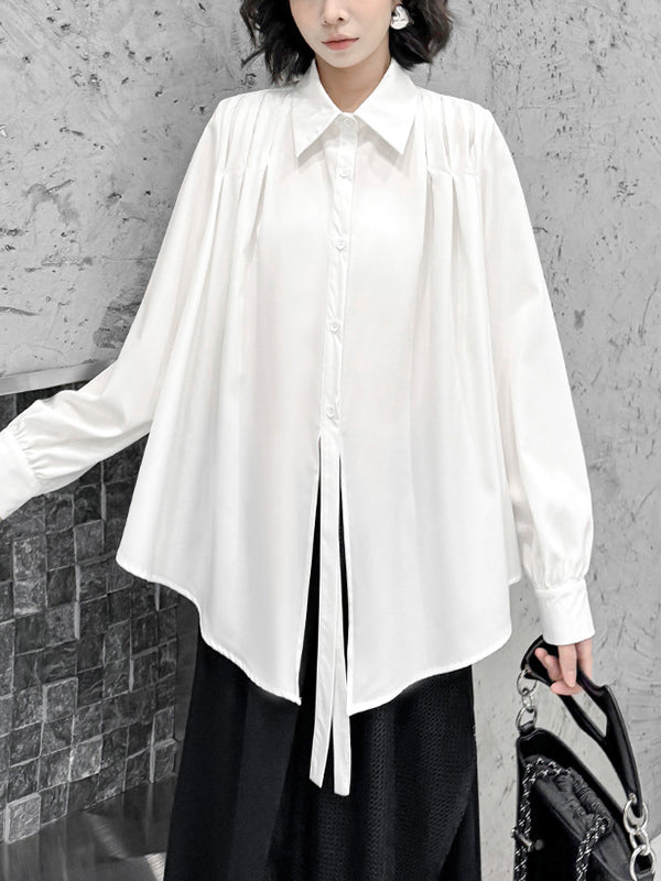 Irregularity Long Sleeves Buttoned Solid Color Split-Joint Streamer Lapel Collar Blouses&Shirts Tops