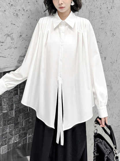 Irregularity Long Sleeves Buttoned Solid Color Split-Joint Streamer Lapel Collar Blouses&Shirts Tops