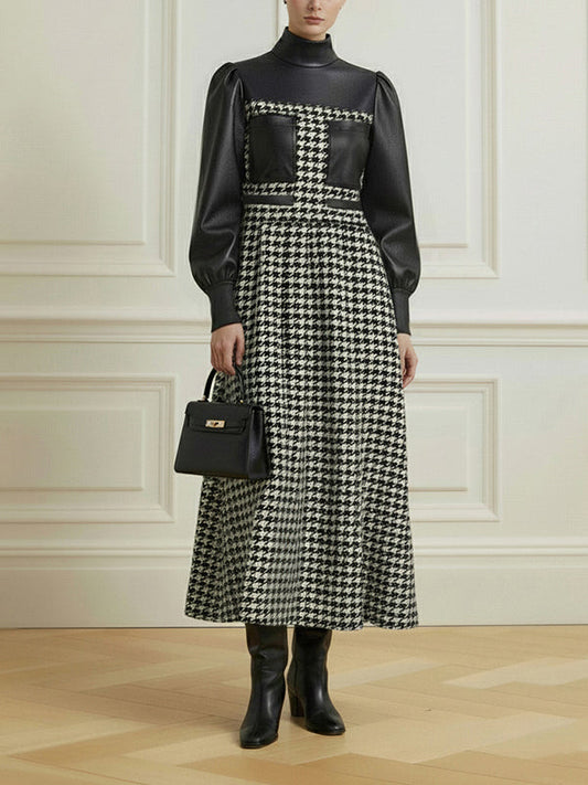 A-Line Loose Contrast Color Split-Joint Swallow Gird/Houndstooth Zipper High Neck Maxi Dresses