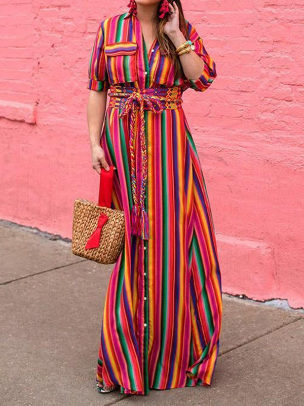 Long Sleeves Loose Split-Joint Striped Lapel Maxi Dresses Shirt Dress