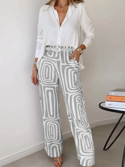 Long Sleeves Buttoned Solid Color Lapel Blouses&Shirts Tops + High Waisted Pockets Printed Pants Two Pieces Set