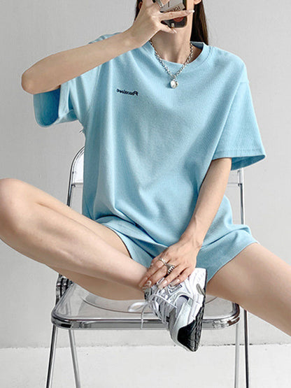 Short Sleeves Split-Joint Round-Neck T-Shirt + Elasticity Waist Shorts Two Pieces Set