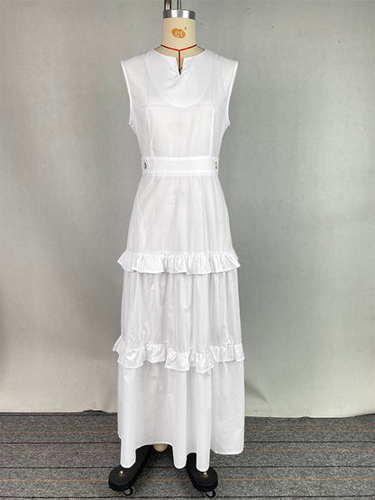 A-Line High Waisted Buttoned Pleated Pockets Solid Color Split-Joint V-Neck Maxi Dresses