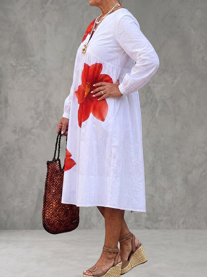 A-Line Long Sleeves Contrast Color Flower Print Pleated V-Neck Midi Dresses Shirt Dress
