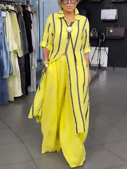 Striped Contrast Color Buttoned Loose High-low Lapel Blouses&shirts Tops