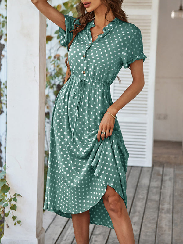 A-Line High Waisted Buttoned Drawstring Polka-Dot V-Neck Midi Dresses