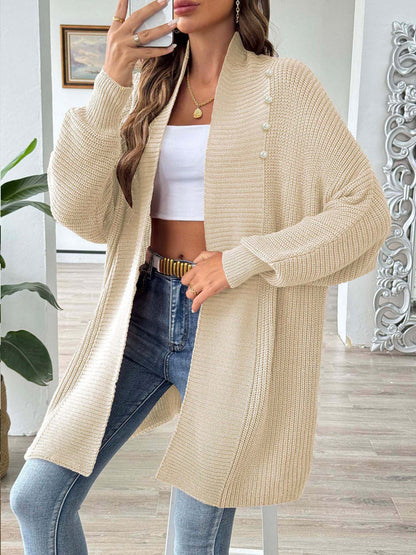 Solid Color Ribbed Loose Long Sleeves Stand Collar Cardigan Tops