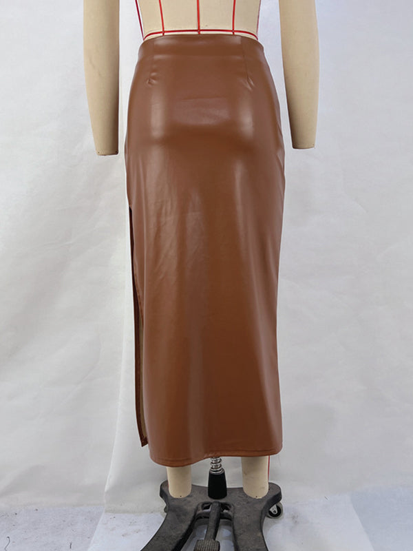 Jupe moulante taille haute plissée de couleur unie avec fentes latérales 