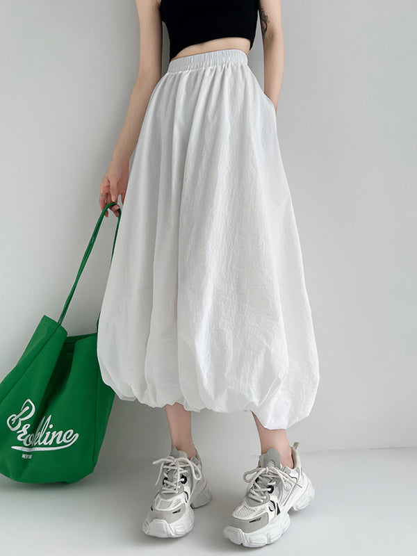 A-Line Loose Elasticity Pleated Pockets Solid Color Skirts Bottoms
