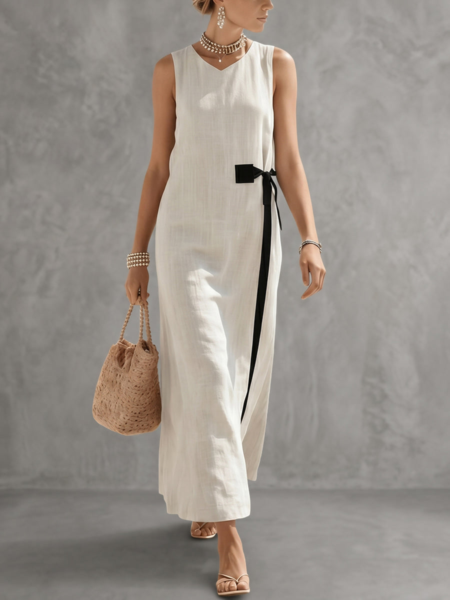 Loose Sleeveless Contrast Color Tied V-Neck Midi Dresses