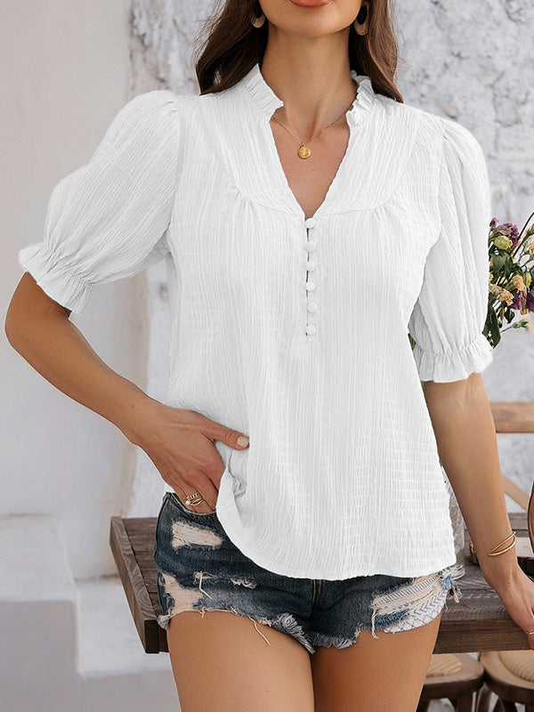 Flared Sleeves Half Sleeves Buttoned Ruffle Trim Solid Color V-Neck Blouses&Shirts Tops