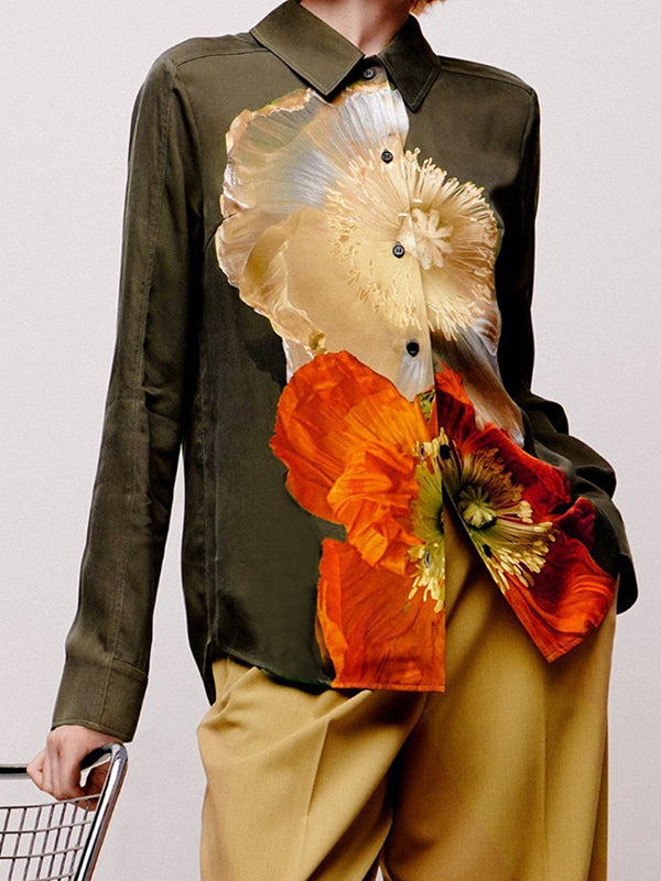 Long Sleeves Loose Floral Printed Split-Joint Lapel Blouses&Shirts Tops