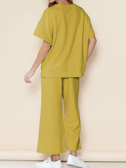 Loose Short Sleeves Solid Color Round-Neck T-Shirt Top + Drawstring Elasticity Pockets Pants Botttom Two Pieces Set