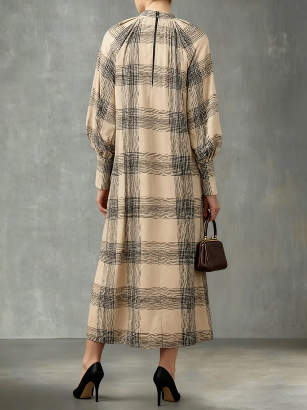 Long Sleeves Loose Contrast Color Plaid Pleated Zipper Mock Neck Maxi Dresses
