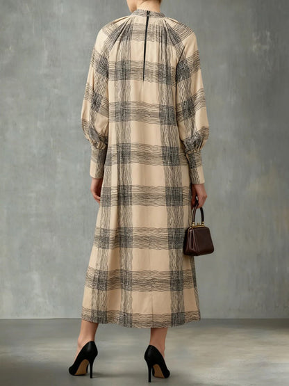 Long Sleeves Loose Contrast Color Plaid Pleated Zipper Mock Neck Maxi Dresses