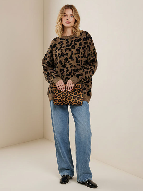 Long Sleeves Loose Leopard Round-Neck Sweater Tops
