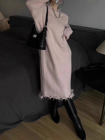 High Waisted Long Sleeves Fringed Solid Color Round-Neck Midi Dresses Sweater Dresses
