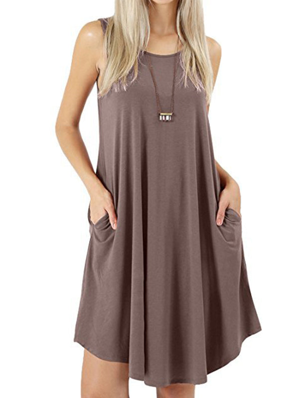 Loose Pockets Sleeveless Solid Color Spaghetti-Neck Mini Dresses