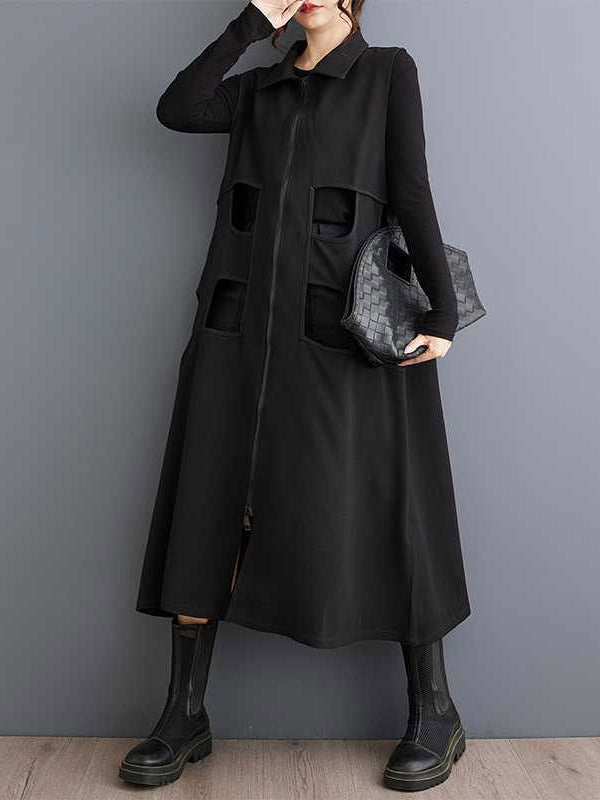 Robe mi-longue ample sans manches, couleur unie, ajourée, fermeture éclair, revers 