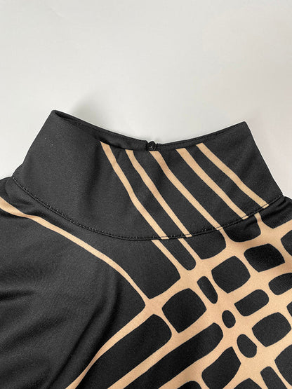 A-Line Long Sleeves Pockets Printed High Neck Mini Dresses