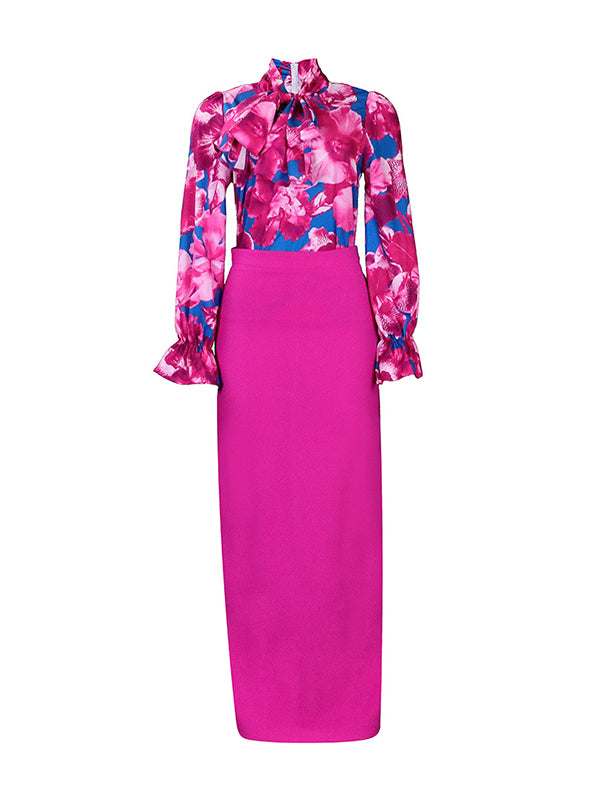 Long Sleeves Floral Printed Blouse + Split-Back Solid Color Skirt Two Pieces Set