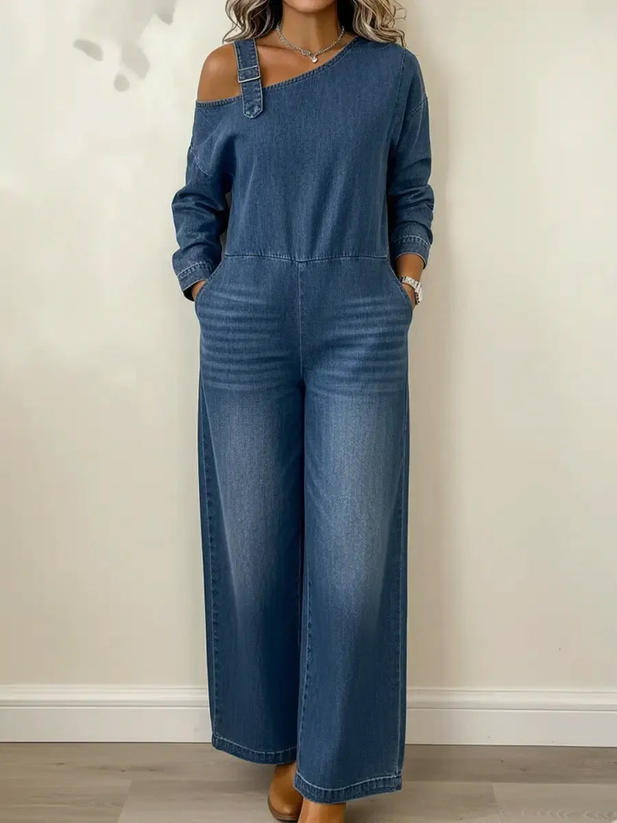 Long Sleeves Wide Leg Asymmetric Buckle Pockets Split-Joint Zipper One-Shoulder Jumpsuits