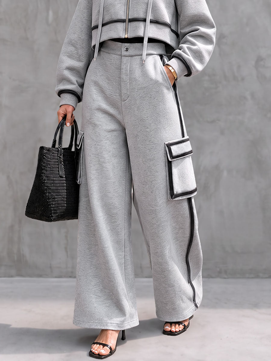 Pockets Contrast Color Buttoned High Waisted Trousers Pants