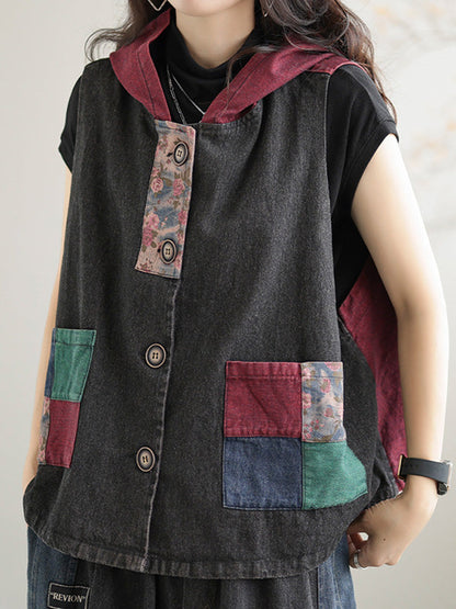 Gilet à capuche sans manches en denim ample et boutonné de couleur contrastée, style rétro artistique 