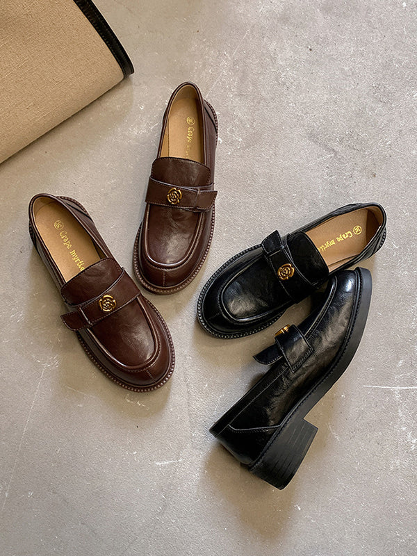 Belt Buckle Round-Toe Split-Joint Loafers