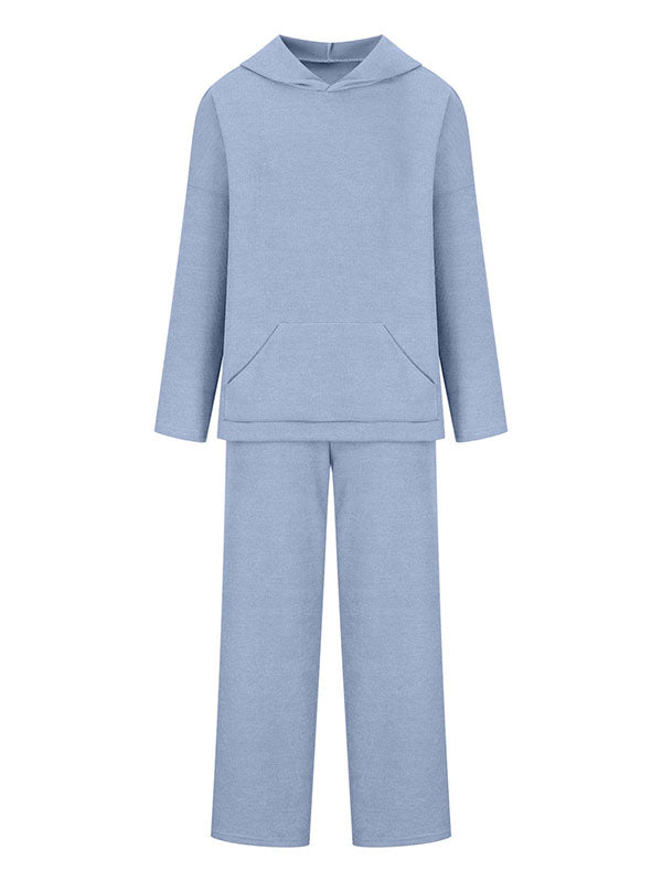 Ensemble deux pièces : pull ample à manches longues et col rond, couleur unie, avec capuche et pantalon à cordon de serrage 