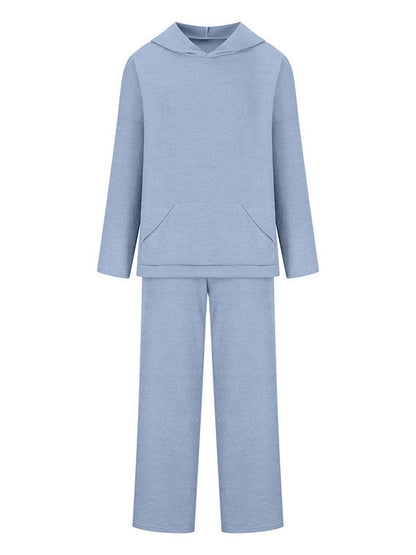 Ensemble deux pièces : pull ample à manches longues et col rond, couleur unie, avec capuche et pantalon à cordon de serrage 
