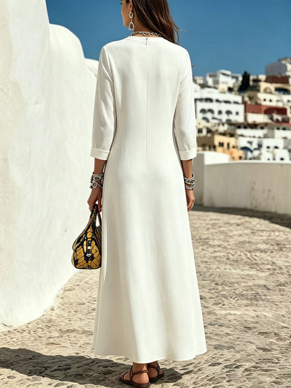 Zipper Wave Print Contrast Color Three-quarter Sleeves Loose Round-neck Maxi Dresses