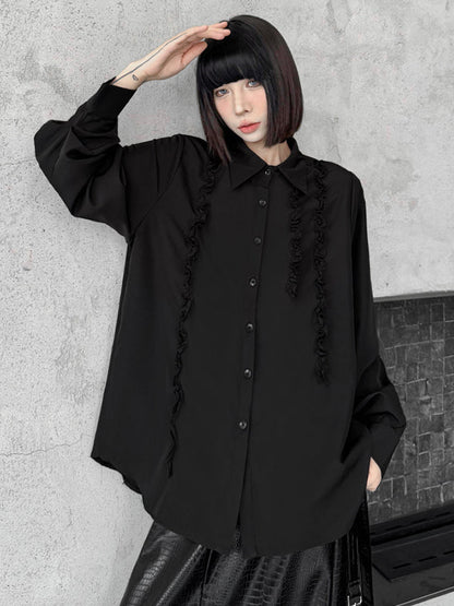 Hipster Long Sleeves Buttoned Falbala Ruffled Solid Color Split-Joint Lapel Blouses&Shirts Tops